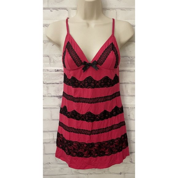 Victoria’s Secret Size Small‎ Pink Black Lace Bow Stretch Gown Neglige Slip Sexy - Picture 1 of 7
